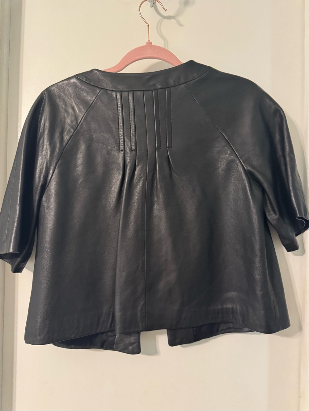 LOFT Black Cropped Leather Jacket with Pleat Detail - Picture 3 of 3